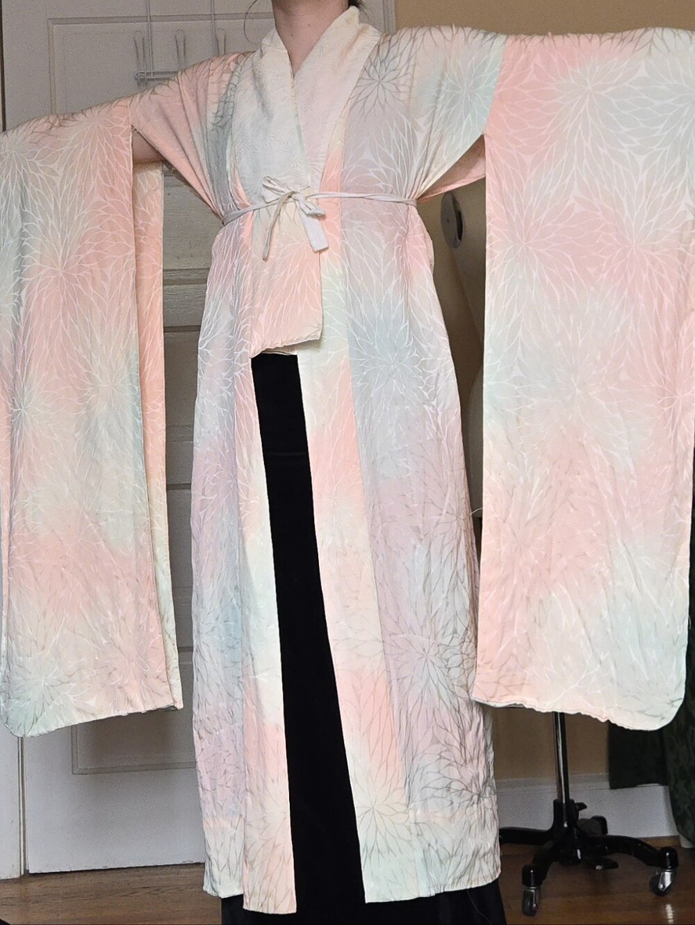 Pink, white, blue kimono